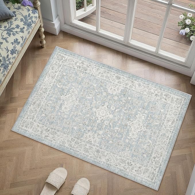 2x3 Blue Washable Area Rug Non Slip Vintage Doormat | Soft Low Pile, Lightweight Foldable, Pet Friendly, Entryway, Entrance, Kitchen, Bathroom, Laundry Room