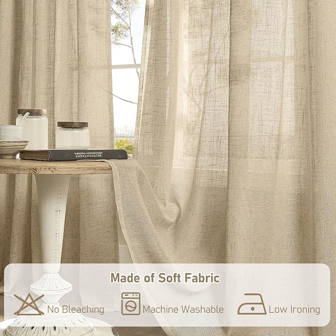 LAMIT 84 Inch Long Linen Curtains for Living Room 2 Panels Set, Light Filtering Semi Sheer Curtains Back Tab and Rod Pocket Neutral Panels for Bedroom, Brown, 60 x 84 Inch