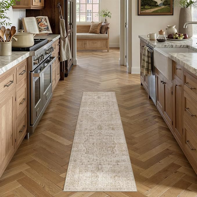 HUGEAR 2x6 Runner Rug Machine Washable Area Rug Beige Room Decor Distressed Vintage Hallway Rugs Low Pile Carpet Non Slip Rugs for Kitchen Laundry Living Soft Lightweight