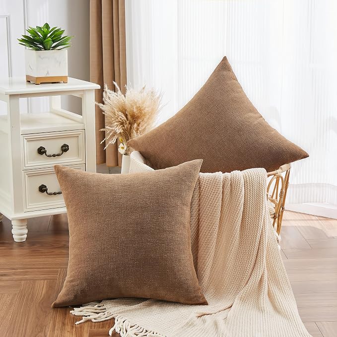 GAWAMAY Decorative Square Throw Pillow Covers 20"x20" Inch Set of 2, Super Soft Chenille Pillows Farmhouse Fall Pillowcase for Living Room Bedroom Sofa Couch Cushion Cover Brown 50x50cm (No Inserts)