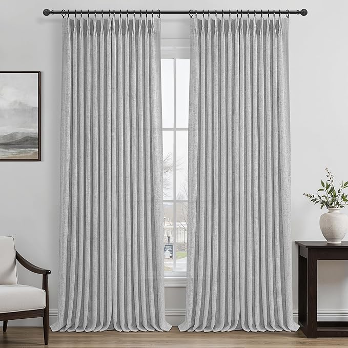 Pinch Pleat Extra Wide 70 Inch Curtains 96 Inches Long 2 Panels Set for Dining Room, Light Grey Memory Shape Natural Linen Light Filtering Windows Drapes Privacy Semi Sheer Country Curtain 8FT Length