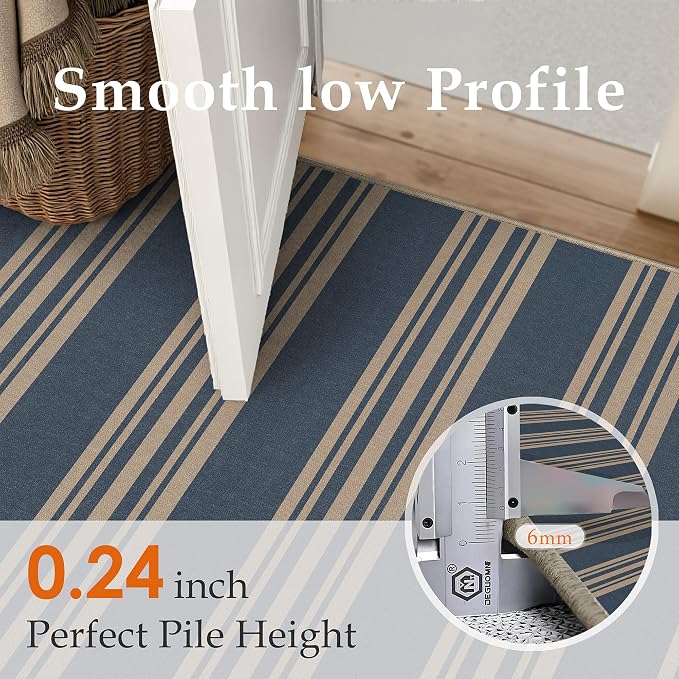 PureCozy Outdoor Rug 3x5 Washable Striped Jute Look Non Slip Carpet | Blue Stripe Farmhouse Design, Indoor Outdoor Rug for Entryway Kitchen Bathroom Bedroom, Non Shedding, Neutral Decor