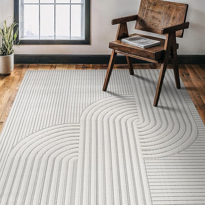 CAMILSON Modern Rug 5x7 Luxury Swirl Curved Micro Loop Area Rugs Soft High-Low Pile Stain Resistant Easy to Clean Non-Shedding Durable Living Room Office Indoor Carpet (White)