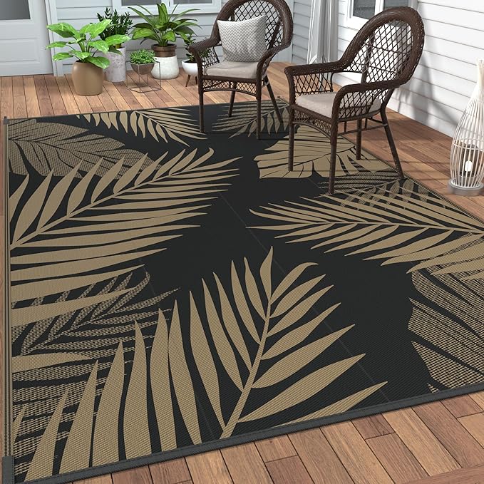 GENIMO Outdoor Rug, Waterproof Plastic Rugs for Patio, 9'x12' Black Brown | Outside Larger Leaf Carpet Mat for Porch Decor, Deck, Balcony, Camping, RV, Backyard, Picnic, Beach, Reversible, Foldable