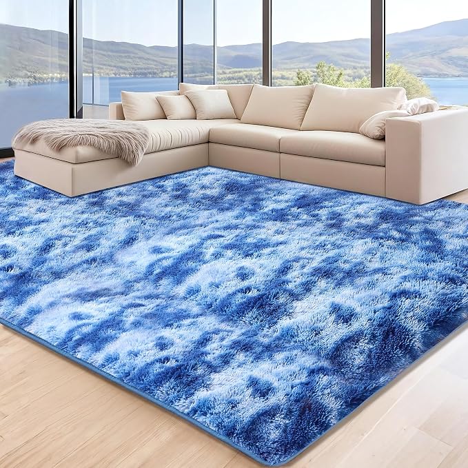 6x9 Tie-Dyed Blue Fluffy Shag Area Rugs for Living Room Bedroom | Ultra Soft Comfy, Large Fuzzy Shaggy Plush Carpet for Nursery Boys Kids Girls, Modern Indoor Home Decor, Upgrade Non-Slip