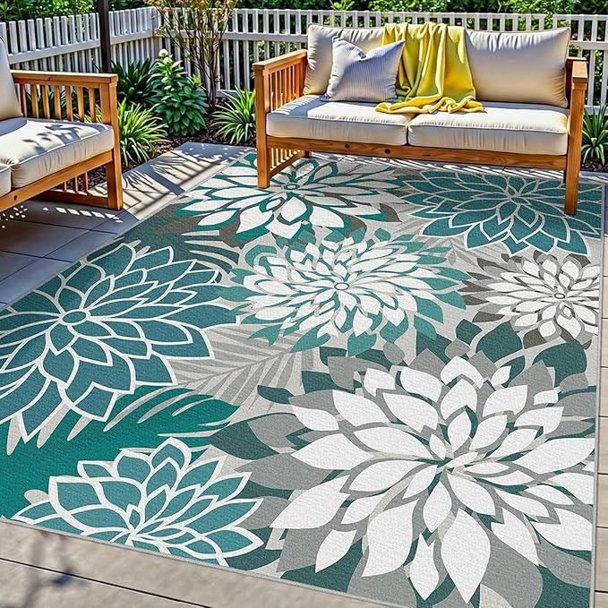 Colorful 6x9 Outdoor Area Rug Washable Multicolored Patio Rug Tropical Botanical Floral Chenille Waterproof Outdoor Carpet Non-Slip for Patio, Deck, Backyard, Porch, Teal