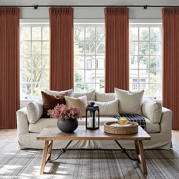 Terracotta Burnt Orange Thick Linen Curtains Pinch Pleated 120 Inch Length 2 Panels for Living Room Bedroom Semi Sheer Light Filtering Heavy Linen Drapes