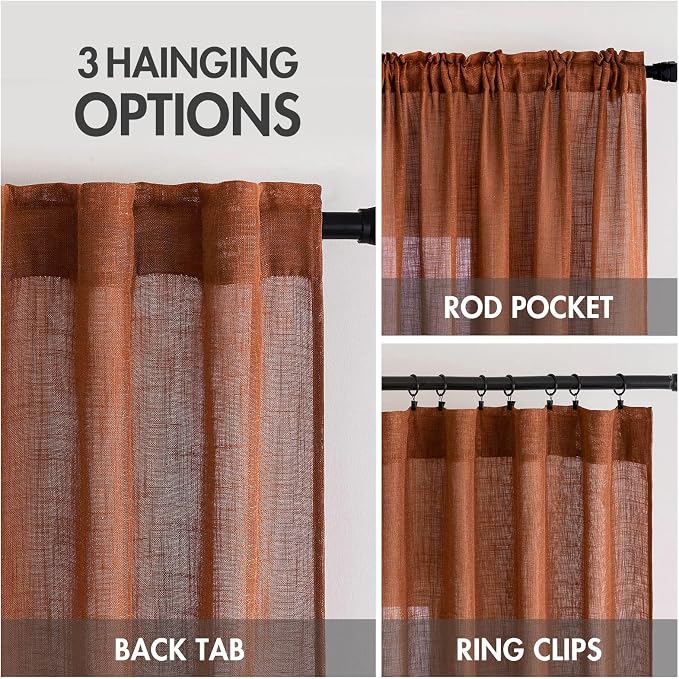 MIULEE Burnt Orange Linen Curtains 120 Inches Long for Living Room, Soft Thick Linen Textured Window Drapes Terracotta Rust Fall Decor Semi Sheer Light Filtering Rod Pocket Back Tab, 2 Panels 10 Ft