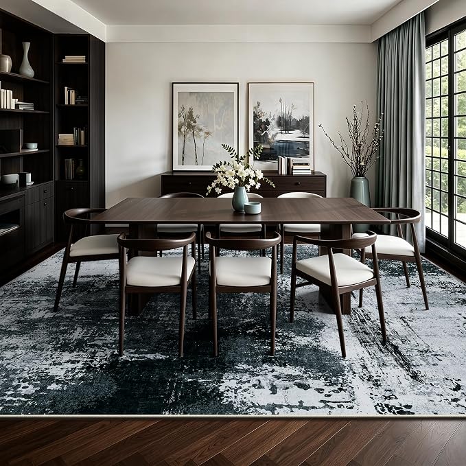 8x10 Rugs for Living Room - Modern Abstract Washable Rug, Ultra Soft Non Slip Low Pile Large Rugs, Floor Carpet for Bedroom Dining Room Office Laundry Nursery Home(Black)