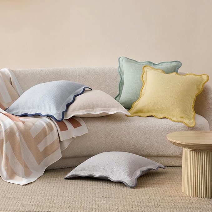 Double Stitch Scalloped Throw Pillow Covers - 100% Cotton Set of 2 Decorative Boho Pillow Covers 20 x 20, Made in India, Square Cushion Case, Modern Home Decor for Couch Sofa Living Room, Oat Milk