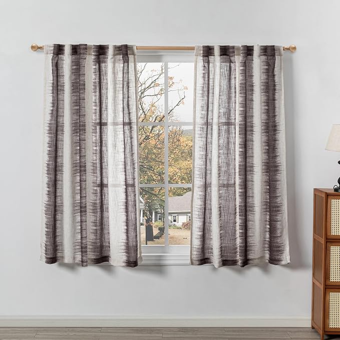 MYSKY HOME Bedroom Curtains Linen Textured Semi Sheer Curtains 63 Inch Length, Lines Printed Curtains & Drapes, Soft Light Filtering Privacy Protect, 50" x 63", Red/Lines, 2 Panels