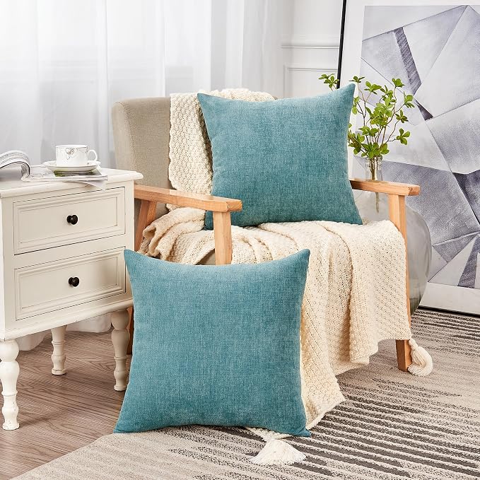 GAWAMAY Decorative Chenille Throw Pillow Covers 26x26 Inch Pack of 2, Soft Square Couch Pillow Cover for Sofa Cushion Living Room Bedroom Oversized Pillowcases Smoke Blue 66x66cm (ONLY Covers)