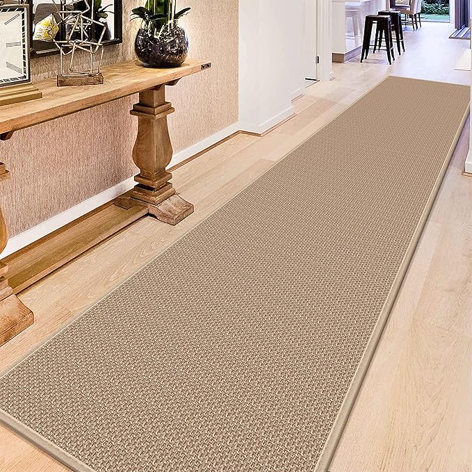 12ft Natural Jute Hallway Runner Rug Non Slip Washable, Rubber Backed Long Khaki Indoor Entryway Runner, Absorbent Kitchen Carpet Sink Rug