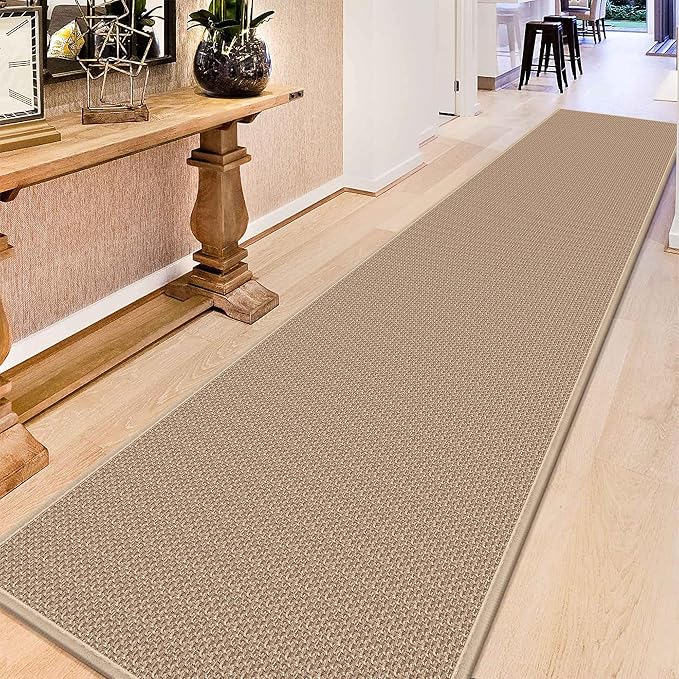 15ft Natural Jute Hallway Runner Rug Non Slip Washable, Rubber Backed Long Khaki Indoor Entryway Runner, Absorbent Kitchen Carpet Sink Rug