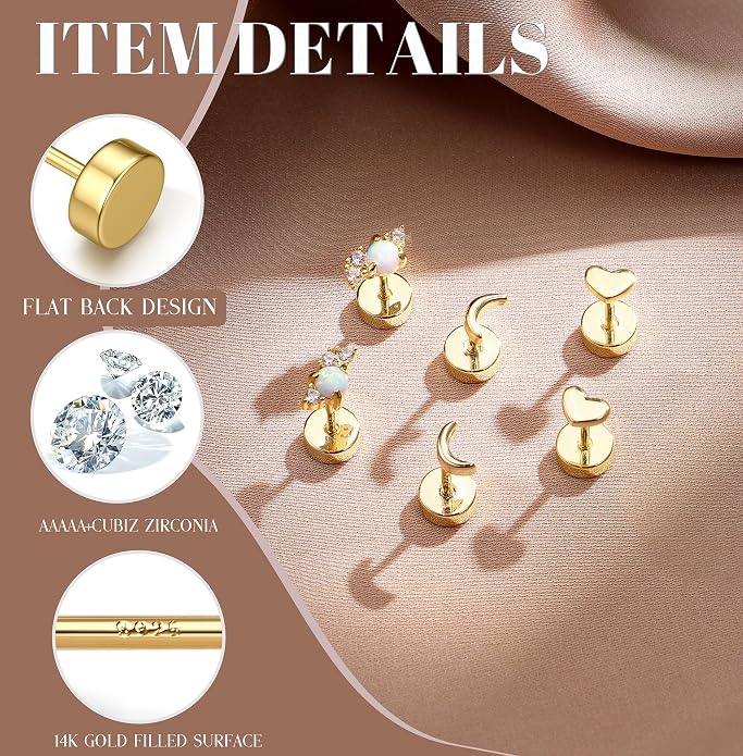 14K Gold Plated Solid 925 Sterling Silver Post Flat Back Earrings Stud | Cartilage Helix Conch Tragus Piercing Jewelry 3 Pairs Tiny Screw Dainty CZ Opal Earring Set Men Women