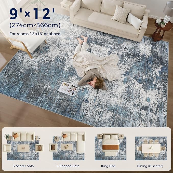DMOYEST Area Rug Living Room Rugs - 9x12 Large Soft Indoor Neutral Modern Abstract Low Pile Washable Rug Carpet for Bedroom Dining Room Farmhouse Home Office - Grey Blue