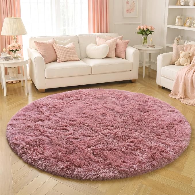 Amdrebio Blush Pink Fluffy Round Rug 4Ft for Bedroom, Fuzzy Furry Circle Area Rugs for Kids Room Decor Aesthetic, Shaggy Circular Carpet for Baby Girls Nursery Dorm, Cute Neutral Dusty Rose Mauve Rug