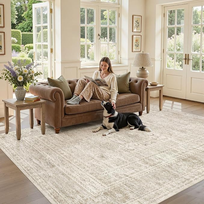 Nakagishi 8x10 Area Rugs Living Room: Washable Large Vintage Rug Neutral Non-Slip Soft Stain Resistant Indoor Carpet for Bedroom Nursery Dining Room Office Playroom - Beige Gray