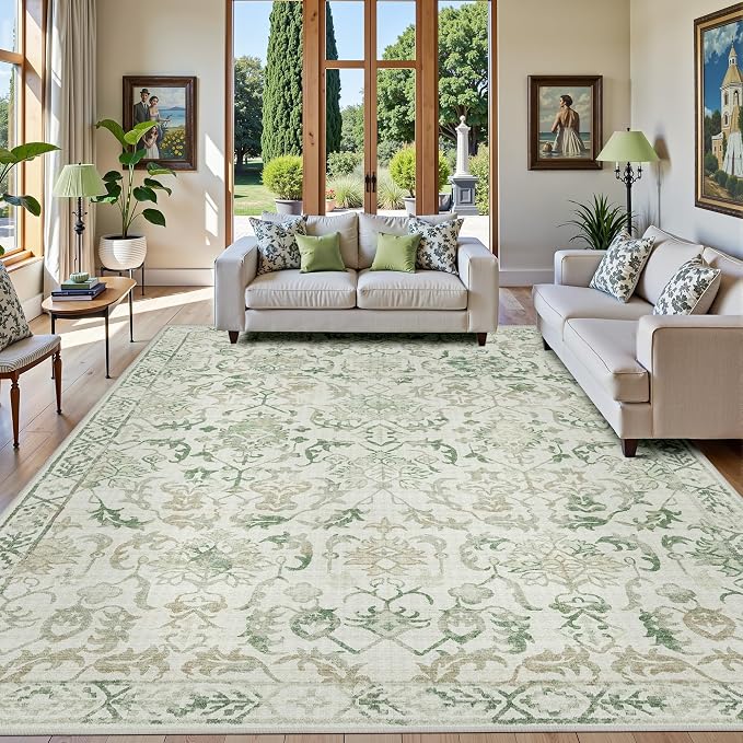 Green Area Rugs 8x10 Rugs for Living Room, Traditional Washable Rugs for Bedroom Distressed Large Area Rug Living Room Rug Non Slip Rug Carpet for Dining Nursery