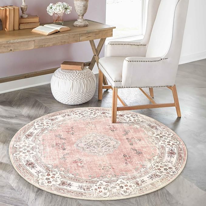 MUJOO Pink Round Rug 4ft Small Circle Washable Area Rug Non Slip Floral | Circular Rugs for Bedroom Living Room Entryway Bathroom Bedroom Boho Throw Carpet Soft Low Pile Indoor Flowers Light Blush