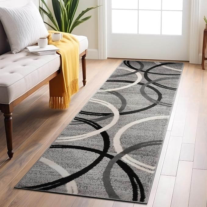 Rugshop Wavy Circles Jute Backing Living Room Runner Rug Gray 2'7" x 6'