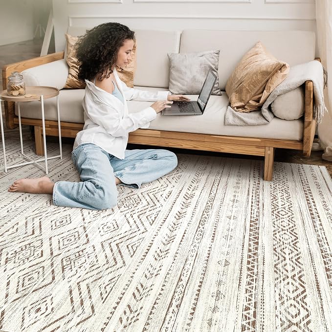 Tortania Area Rug Living Room Rugs - 10x12 Washable Large Soft Neutral Boho Moroccan Bohemian Farmhouse Rug Indoor Floor Carpet for Bedroom Under Dining Table Home Office Decor - Beige Brown