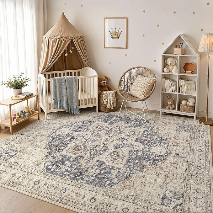 Tortania Area Rug Living Room Rugs - 7x10 Washable Boho Rug Vintage Oriental Distressed Farmhouse Large Thin Indoor Carpet for Living Room Bedroom Under Dining Table Home Office - Cream/Blue