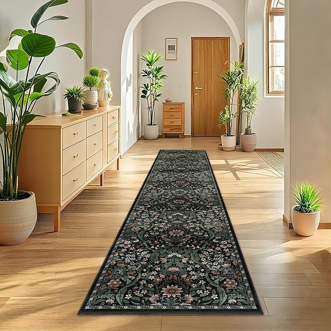 2x10 Washable Runner Rug,Black Floral Boho Area Rug for Hallway,Low-Pile Non-Slip Stain Resistant Carpet for Kitchen, Bedside,Laundry Room,Entryway
