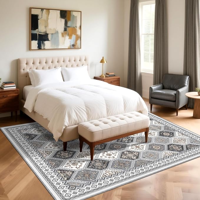 Washable Rugs 8x10, Soft Non-Slip Boho Moroccan Rug, Gray/Gold | Low-Pile Printed Area Rug Gray Rug for Living Room, Bedroom, Dining Room