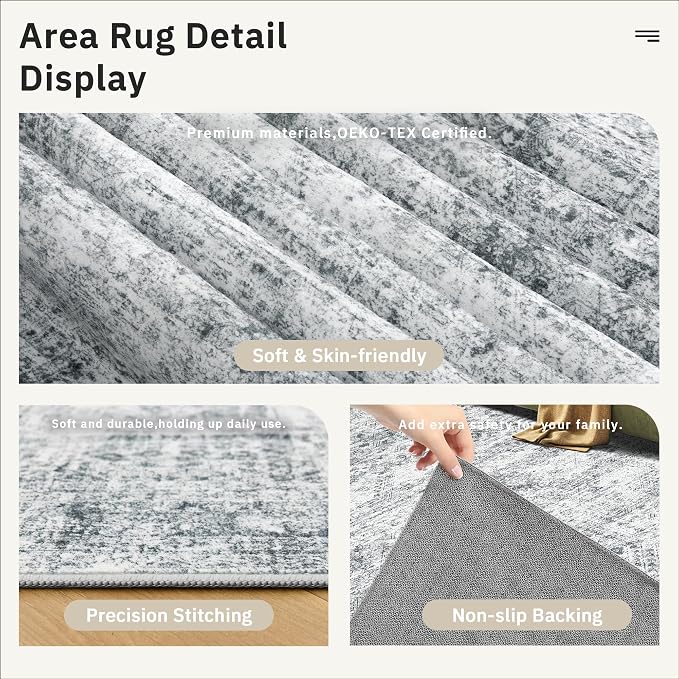 Soalmost 9x12 Area Rugs for Living Room, Non Slip Machine Washable Vintage Rugs, Low Pile Lightweight Large Rug for Bedroom, Dining Room, Home Office Grey