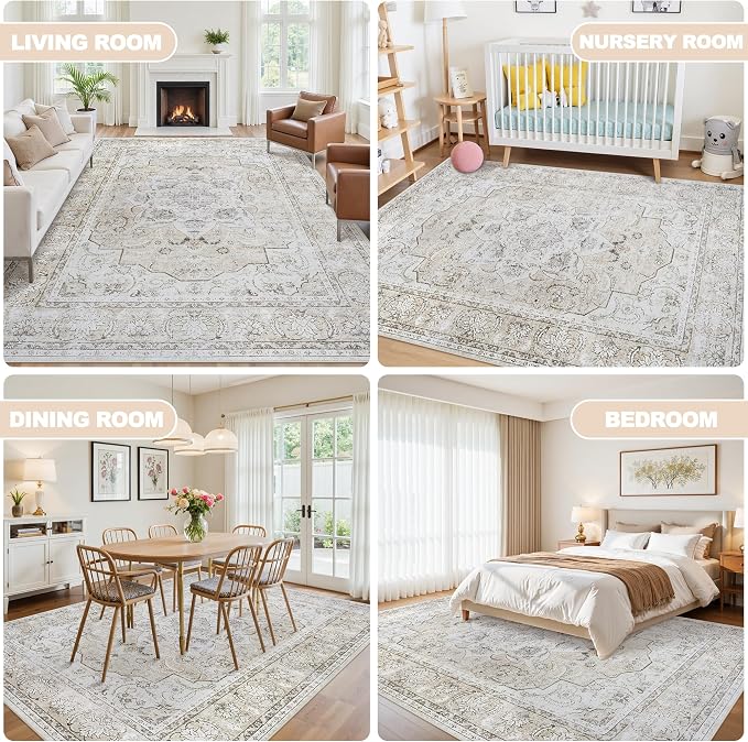 5x7 Area Rugs for Living Room:Beige Washable Vintage Medallion Carpet Non-Slip Soft Low Pile Large Rugs Indoor Retro Rug for Bedroom Nursery Dining Table Office Home(Beige White, 5'x7')