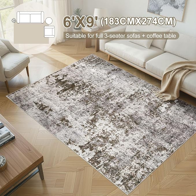DMOYEST 6x9 Area Rug - Washable & Non Slip Indoor Rug for Living Room, Kid & Pet Friendly Abstract Low Pile Soft Carpet for Bedroom and Dining Room - Dark Brown
