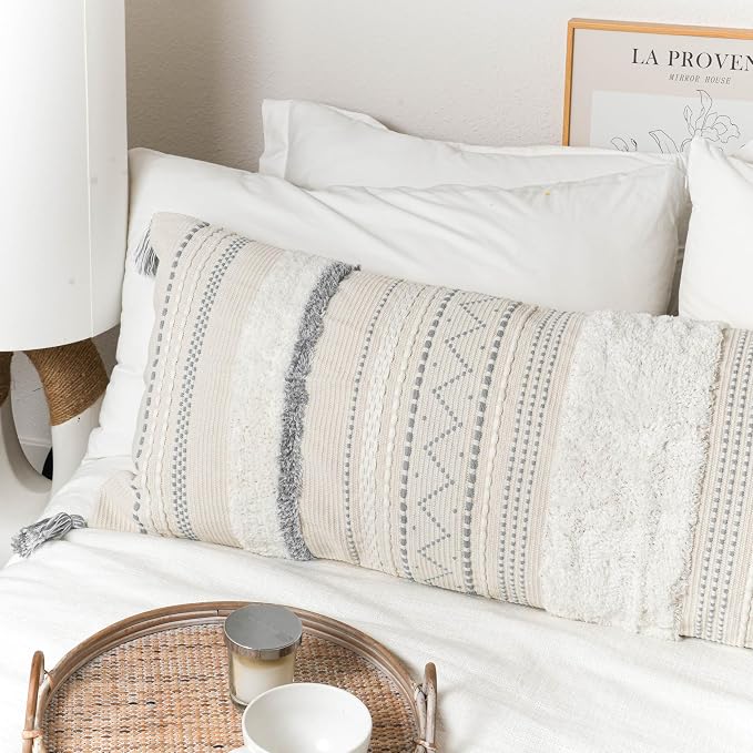 BlissBlush 20X54 Oversized Large Lumbar Pillow Cover for Bed, Rectangular Long Decorative Throw Pillowcase, Cotton Boho Accent Cushion with Gray Tufted Pattern and Tassels, Cream Neutral (Cover Only)