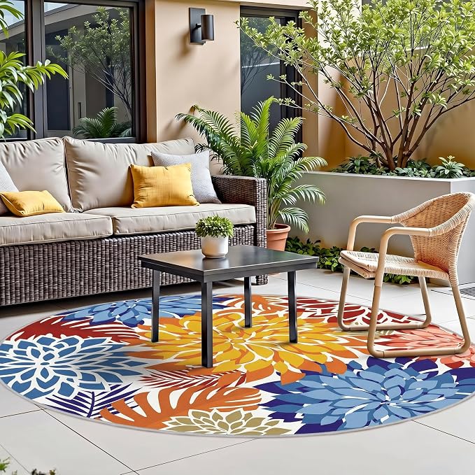 Colorful 6FT Outdoor Round Area Rug Washable Rugs Multicolored Patio Rug Tropical Botanical Floral Chenille Waterproof Outdoor Carpet for RV, Pool Deck, Backyard, Porch, Vivid Dahlia