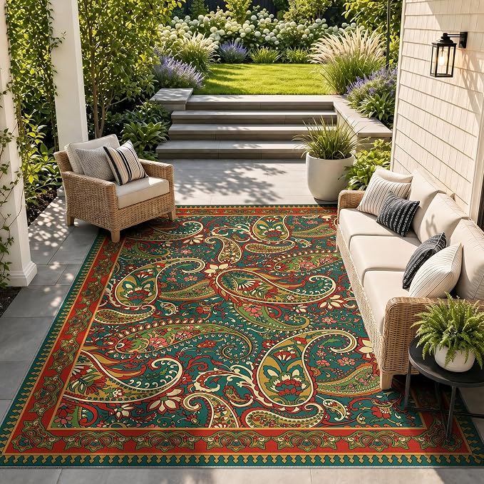 Arenarug Paisley Outdoor Rug Waterproof 8x10, UV Resistant Non Slip Patio Rug, Indoor Outdoor Boho Camping Rug Linen-Look RV Carpet for Deck Balcony Backyard, Terracotta