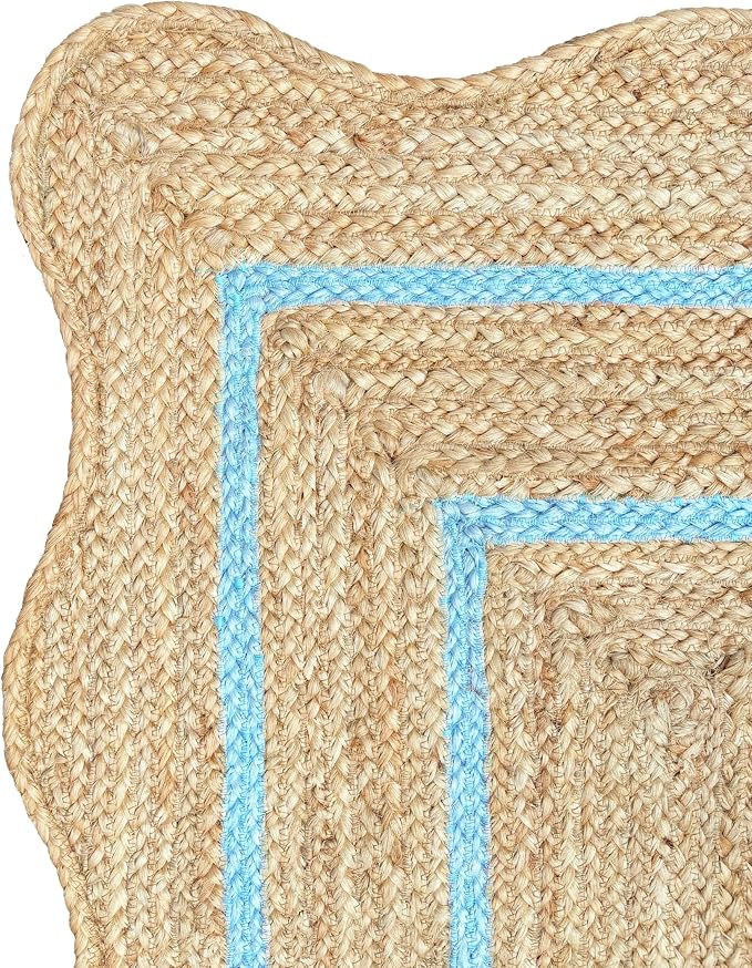 Wave Scalloped Natural Jute Rug - Boho Entryway Runner, Farmhouse Scallop, Sky Blue (2'x3')