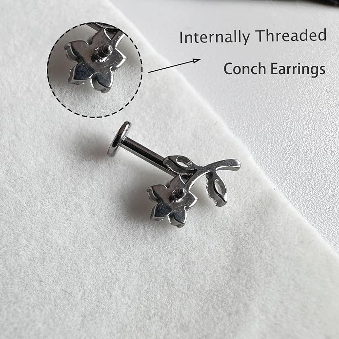 16G Titanium Conch Earrings Clear CZ Flower Helix Piercing Jewelry with Internally Threaded Flat Back Earring Cartilage Studs Tragus Jewelry for Women