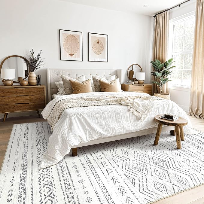 Tortania Area Rug Living Room Rugs- 9x12 Washable Large Soft Neutral Boho Moroccan Bohemian Farmhouse Rug Indoor Floor Carpet for Bedroom Under Dining Table Home Office Decor - Beige Gray