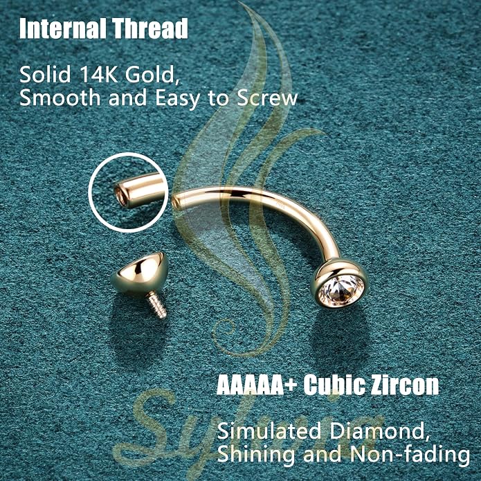SYLWIA 14K Real Gold Eyebrow Rings, 16G Internal Thread Rook Piercing Jewelry, Diamond CZ - 3MM, Solid Gold Belly Rings Eyebrow Piercing Jewelry for Women
