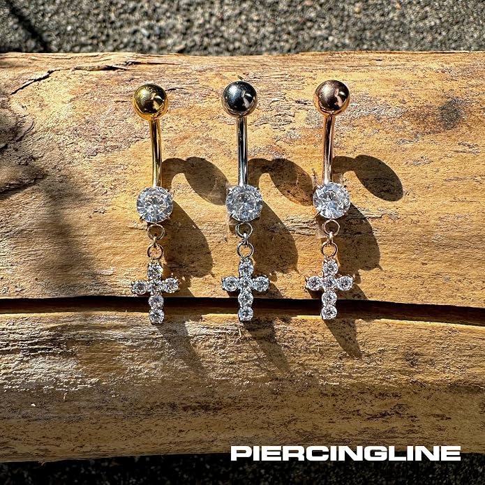 PIERCINGLINE Titanium Belly Button Ring with Crystals and Cross – Belly Button Piercing internally screwed 3 colors