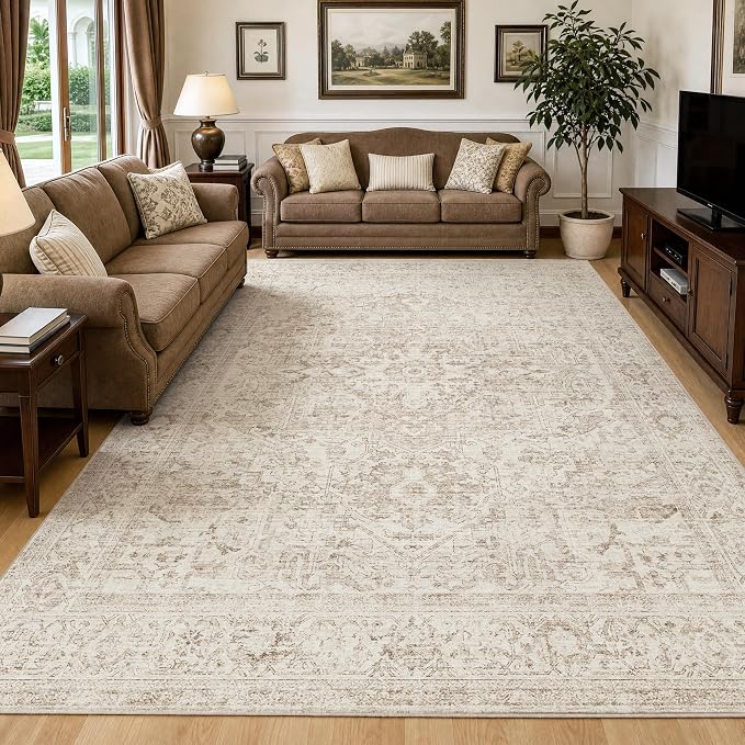 FMFUNCTEX 6x9 Washable Area Rug Beige Vintage Neutral Distressed Oriental Large Non Slip Carpet for Living Room Bedroom Soft Low Pile Indoor Mat Retro Throw Rug for Dining Room Kitchen Office Nursery
