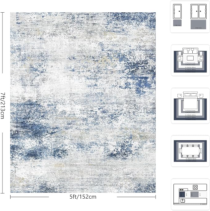 5x7 Area Rugs, Abstract Modern Ultra Soft Washable Rug, Non Slip Carpet with Rubber Back Stain Resistance Rugs for Living Room, Bedroom, Dining Room Decor(Blue & White)