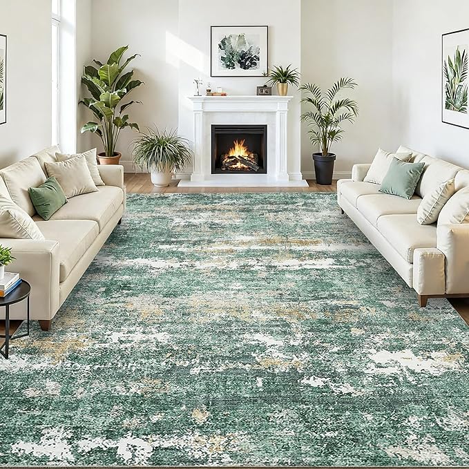 ROYHOME 9x12 Rugs for Bedroom Abstract Area Rugs Living Room Machine Washable Indoor Large Floor Carpet with Non Slip Backing Stain Resistant Green