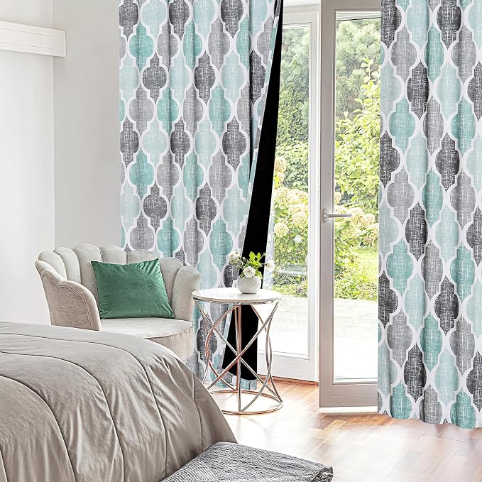 Beauoop Moroccan 100% Blackout Curtains Bedroom Aqua Grey 50x72 2 Panels | Geometric Room Darkening Drapes for Living Room 84 Inch Long Thermal Insulated Soundproof Lattice Window Treatment Rod Pocket