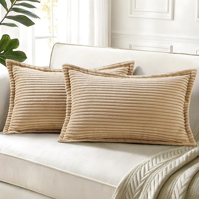 decorUhome Fall Corduroy Light Brown Throw Pillow Covers 12x20 Set of 2 | Lumbar Couch Decorative Soft Modern Boho Farmhouse Pillow Covers Broadside Striped Pillow Cases for Living Room Bed Sofa