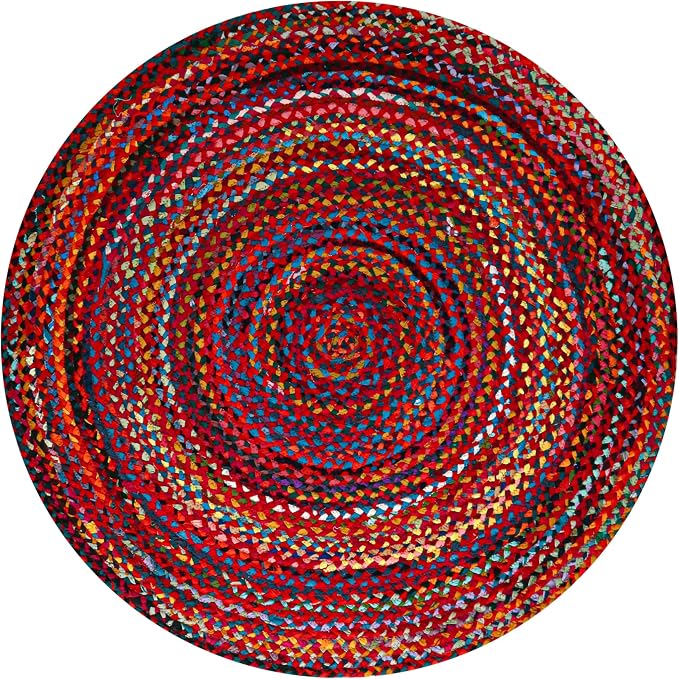 Chindi Rug - 8 Ft Round Rugs, Woven Multicolor, Bohemian, Recycled Cotton Colorful Braided Rugs for Living Room, Farmhouse, Bedroom, Dining Room, Classroom, Hallway - 8 Foot Round Rug