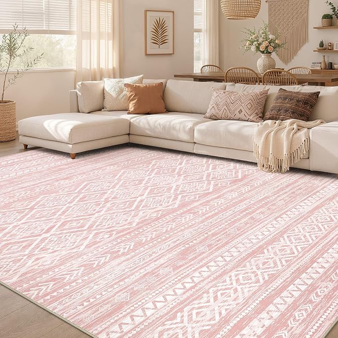 Nakagishi Area Rug Living Room Rugs: 8x10 Large Soft Machine Washable Boho Moroccan FarmNeutral Stain Resistant Indoor Floor Carpet for Bedroom Under Dining Table Home Office Decor-Pink