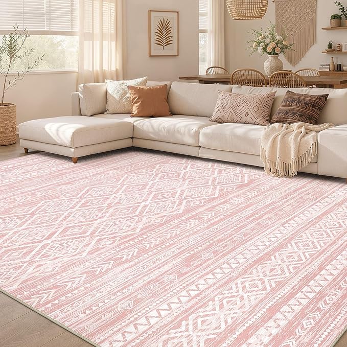 Nakagishi Area Rug Living Room Rugs: 10x12 Large Soft Machine Washable Boho Moroccan FarmNeutral Stain Resistant Indoor Floor Carpet for Bedroom Under Dining Table Home Office Decor-Pink