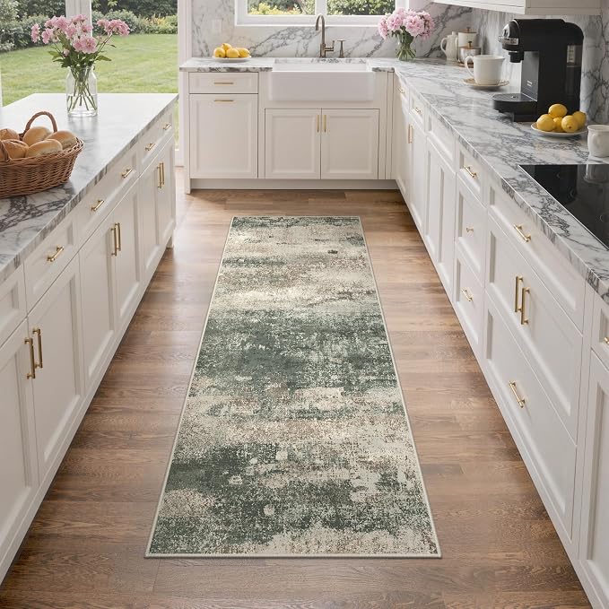GENIMO Runner Rug Non Slip 2x8, Washable Rug Runner for Hallways Kitchen, Abstract Modern Kitchen Rugs, Low Pile Lightweight Carpet Runners for Entryway, Bedroom, Laundry, Sage Green Sand