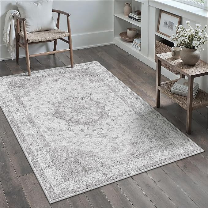 PureCozy Grey Gray Area Rug 3x5 Washable Vintage Carpet for Entryway Office Soft Retro Kitchen Low Pile Thin Door Mat Non Slip Oriental Medallion Throw Rug for Bathroom Bedroom Dining Living Room